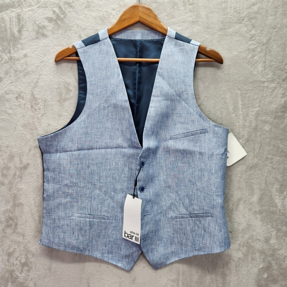 Bar III Suit Vest Mens XL Blue Linen Slim Fit Formal Wedding Party $115 New